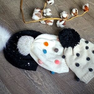 Kids Pom-Pom Knit Beanie Set - Black, White, Multicolor sequin 3 hats